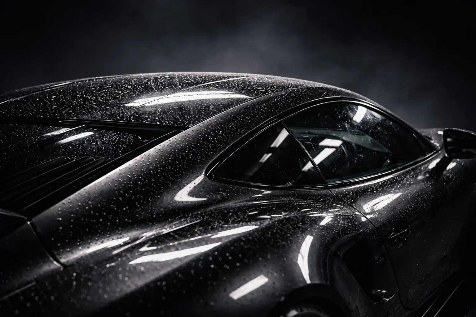 Zdjęcie przedstawiające efekt detailingu samochodowego - błyszczący, zadbany lakier samochodu odbijający światło, podkreślający wysoką jakość usług oferowanych przez firmę.